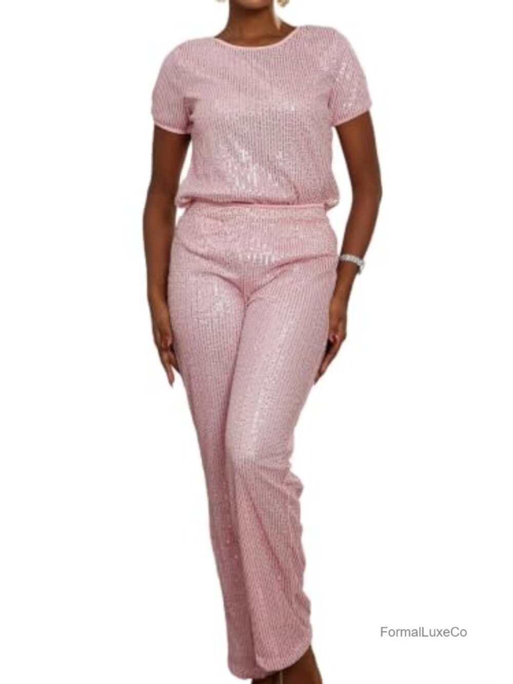 Sequin Two Piece Set Short Sleeve Top Sparkly Wide Leg Pants Party Outfit